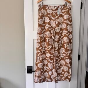 Linen wide leg pants floral botanical print pull on with pockets Large LOFT NEW